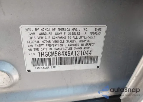 2005 Honda Accord 2.4 Lx from USA, damaged, VIN 1HGCM564X5A131044